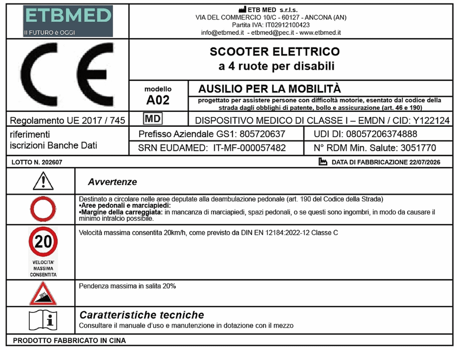 Etichetta ufficiale CE del dispositivo medico Desner A02 con numeri di registrazione